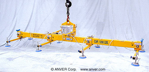 ANVER Air Powered Vacuum Generator with Eight Pad Lifting Frame for Lifting & Handling Steel Plate 16 ft x 8 ft (4.9 m x 2.4 m) up to 1200 lb (544 kg)